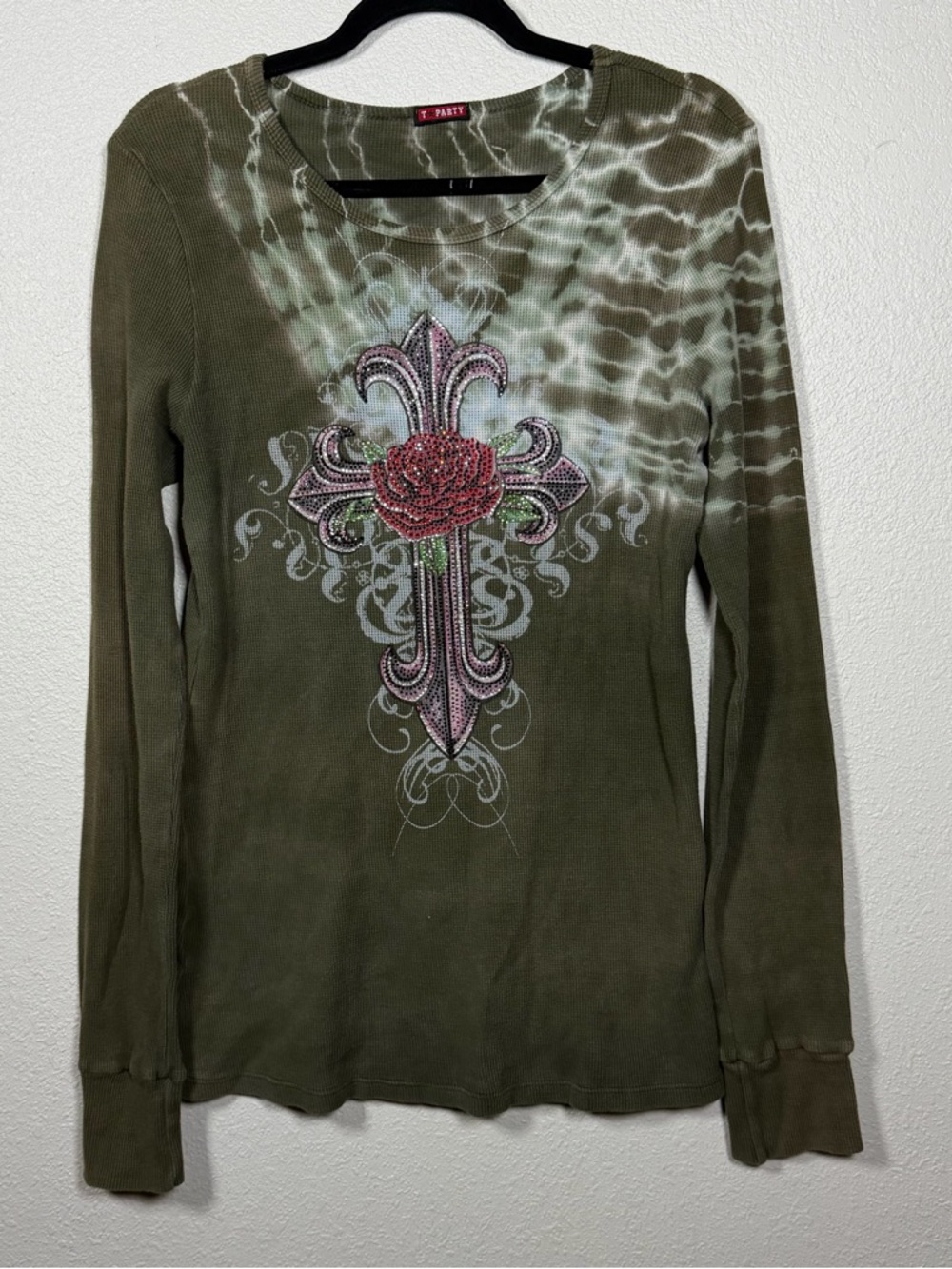 T Party Y2K Distressed Tie Dye Waffle Knit Rhinestone Embellished Long Sleeve M